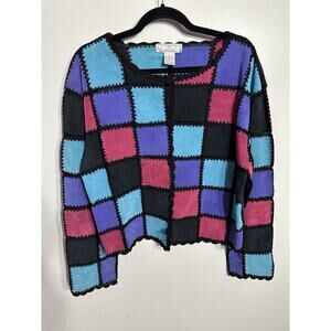 Vintage Suede Multicolored Patchwork Crochet Jacket SMH Boutique Women’s XL Boho
